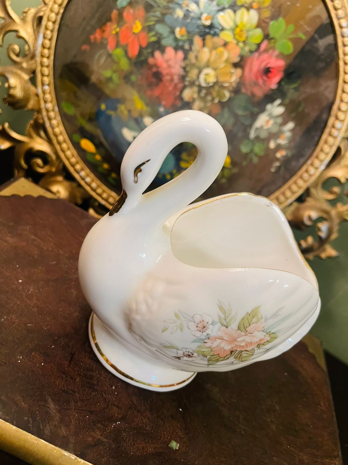 Vintage Porcelain Swan Vase with Floral Design
