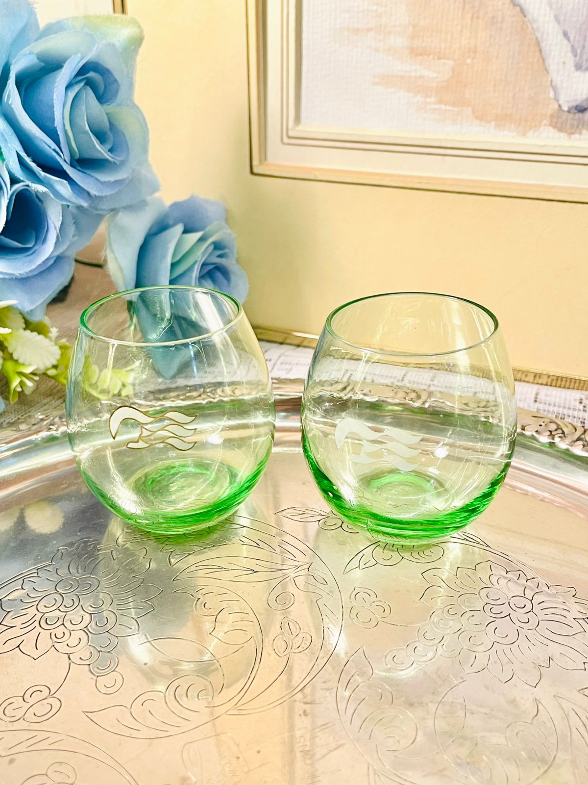 Vintage Coloured Tumbler Glass Set of 6  – Etched Wave