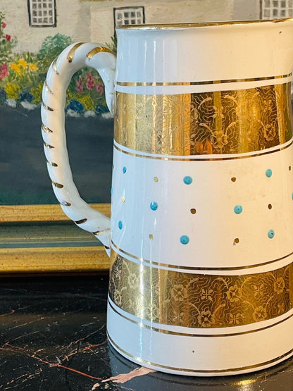 Vintage English Ceramic Jug with Gold & Turquoise Dot Design – 6 Inches Tall