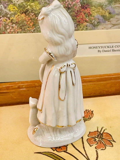 White & Gold Ceramic Girl Figurine with Puppy – Elegant Home Décor