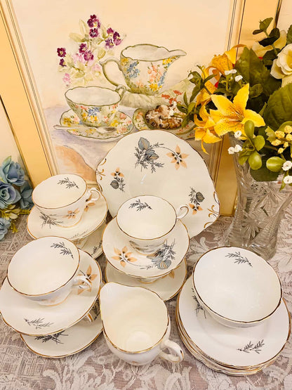 Vintage Floral Tea Set with  6 Cups & Plates – Gold Rim