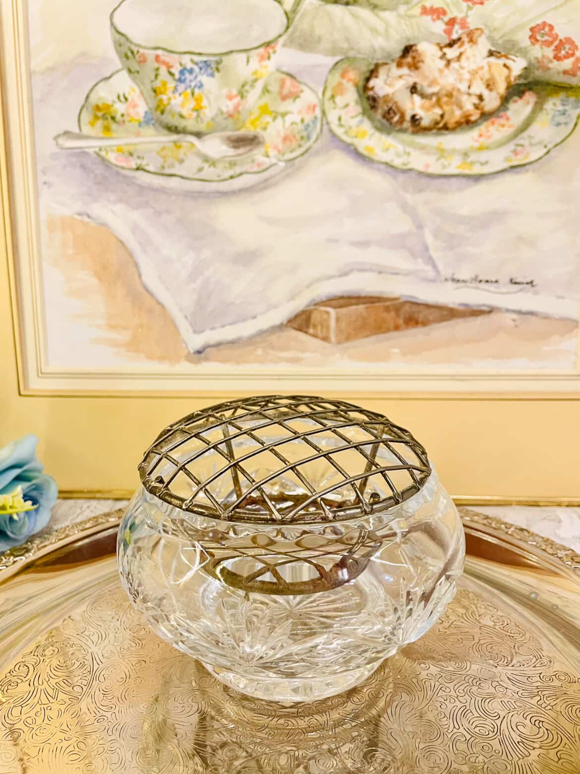 Vintage Cut Glass Rose Bowl with Metal Frog Lid