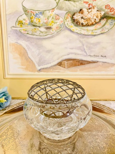 Vintage Cut Glass Rose Bowl with Metal Frog Lid