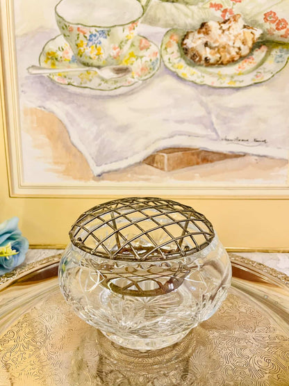Vintage Cut Glass Rose Bowl with Metal Frog Lid