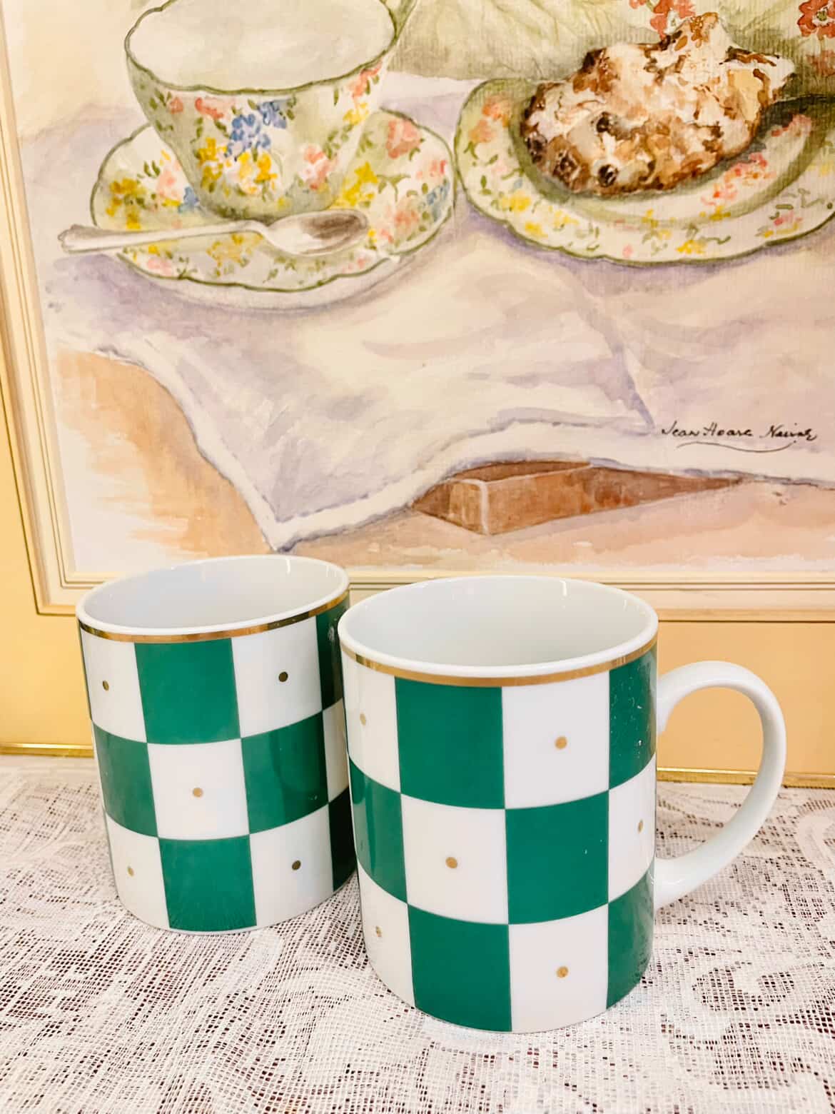 Vintage Green Checkered Porcelain Mug Set – Cottage Style