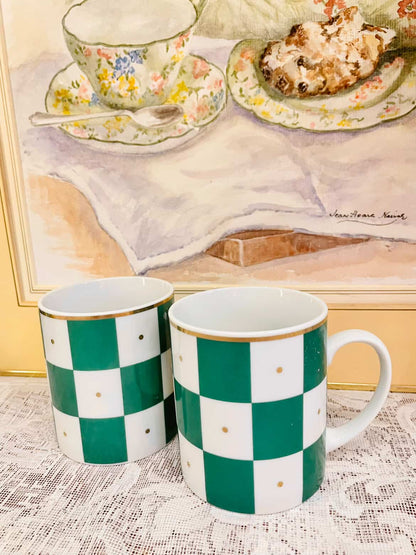 Vintage Green Checkered Porcelain Mug Set – Cottage Style