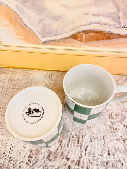 Vintage Green Checkered Porcelain Mug Set – Cottage Style