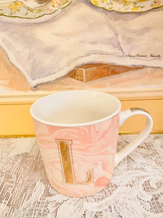 Monogram “L” Mug – Pink Marble Porcelain Cup