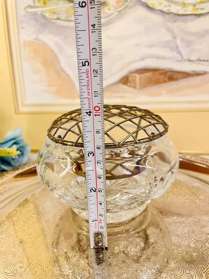 Vintage Cut Glass Rose Bowl with Metal Frog Lid