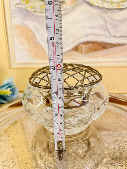 Vintage Cut Glass Rose Bowl with Metal Frog Lid