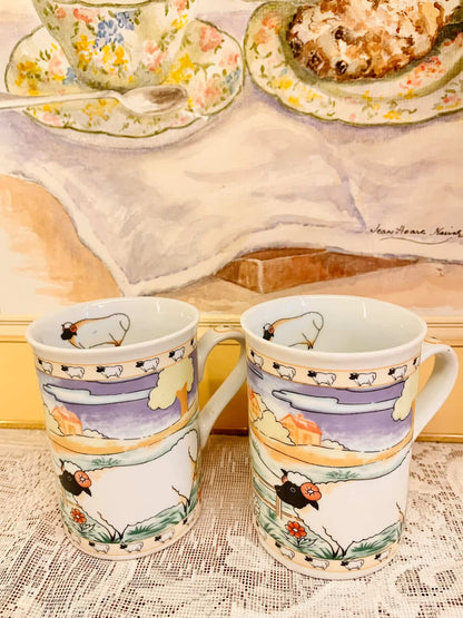 Vintage Sheep Print Ceramic Mug Set – Farmhouse Style