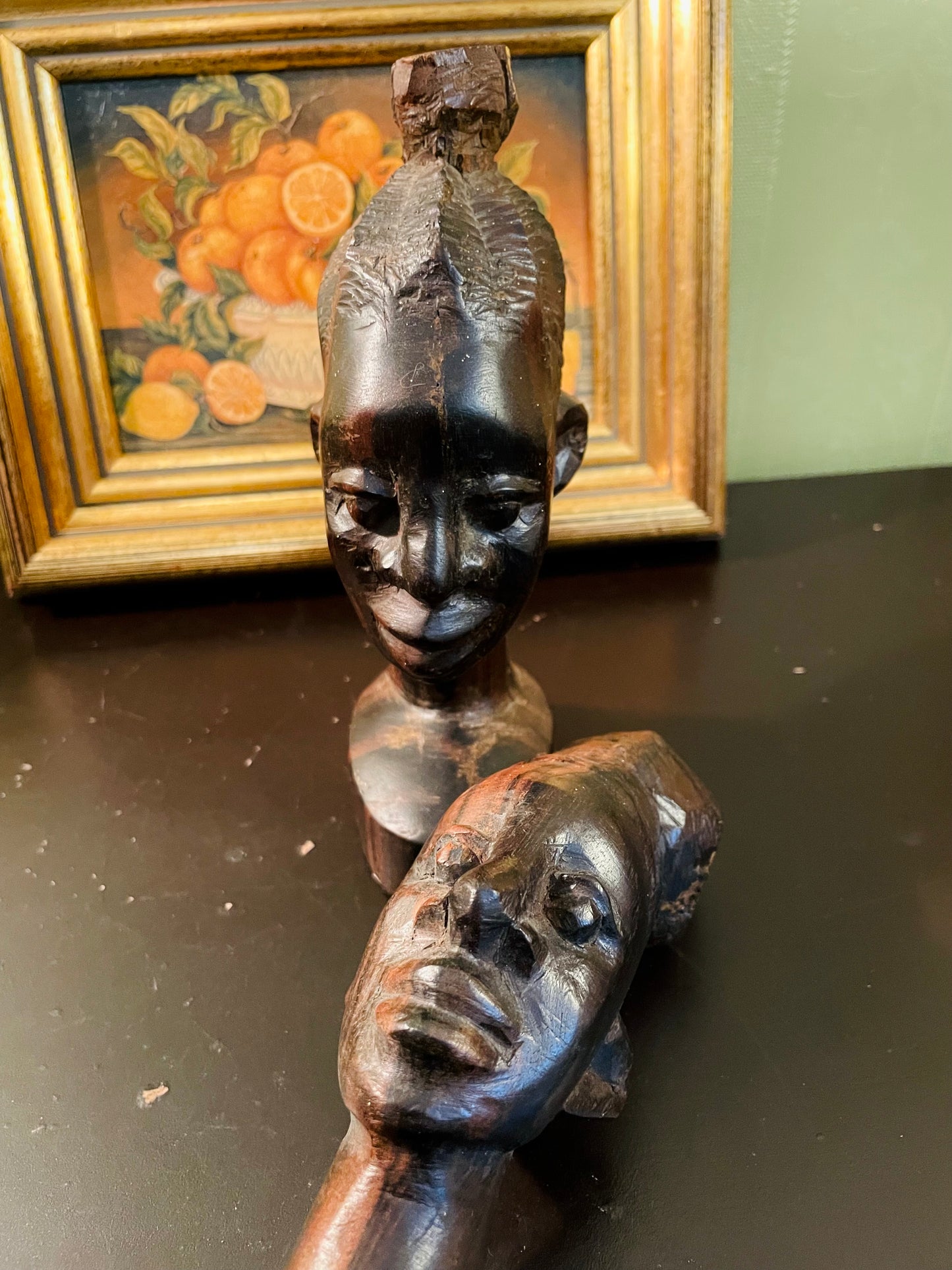 Vintage Hand-Carved Wooden Portrait Bust – 17 cm Each