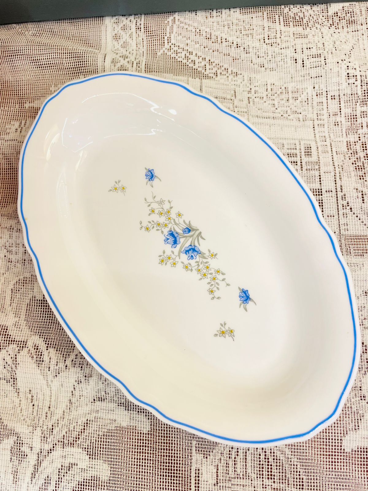 Vintage Oval Porcelain Dish with Blue Floral Detail