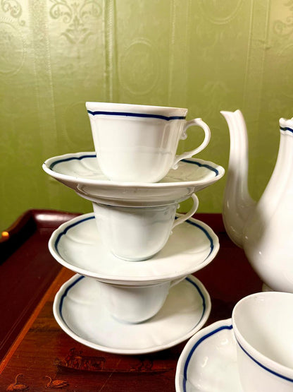 Blue Trim 9-Piece Coffee Set with Pot, Cups & Saucers