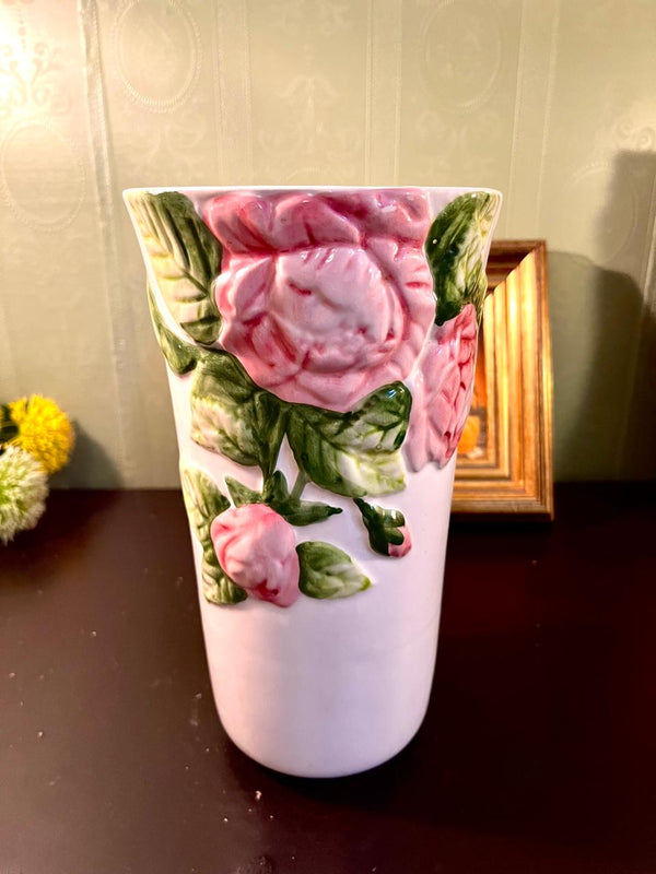 Embossed Pink Rose Ceramic Flower Vase Large - Vintage Home Décor
