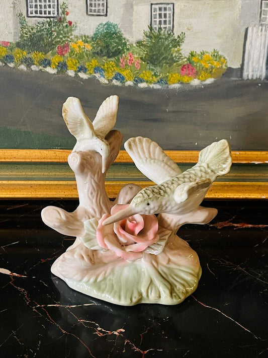 vintage decor, porcelain figurine, hummingbird decor, pastel home decor, cottagecore accents, English style ornaments, collectible figurines Pakistan, vintage birds decoration, floral figurine, rose porcelain, tabletop decor, shelf styling decor, home decoration accessories, vintage gift ideas, sunset kitchen shop