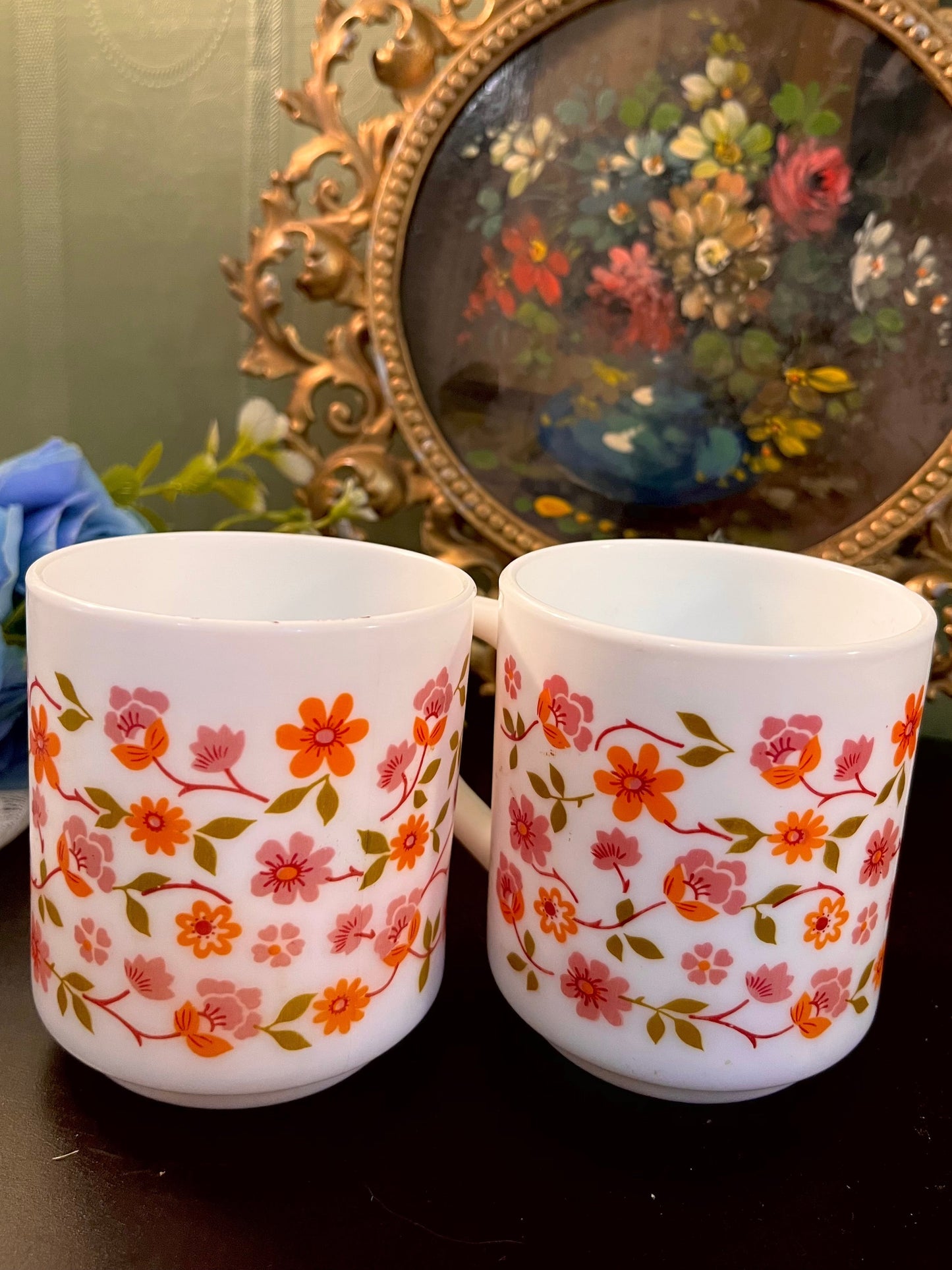 Orange & Pink Floral Ceramic Mug Set – Pair of 2