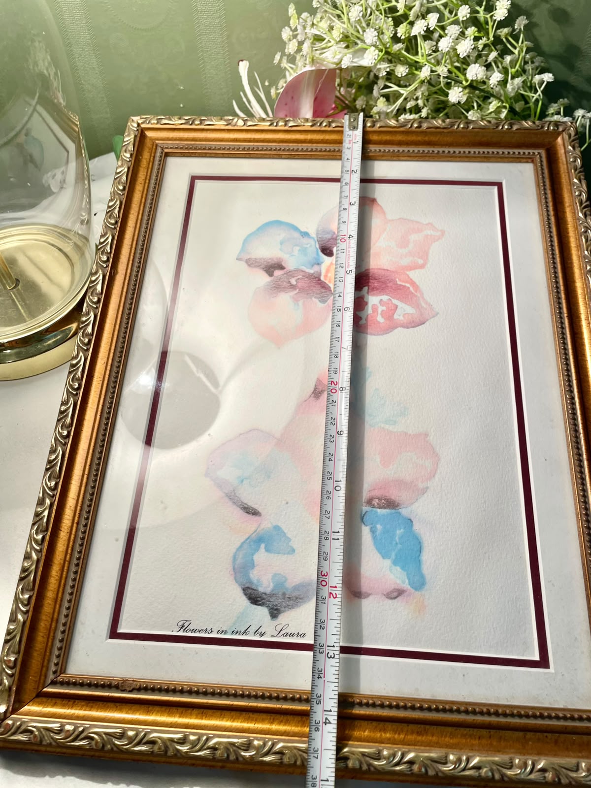 Vintage watercolor painting artwork of soft pink and blue orchid flowers, signed "Flowers in ink by Laura" Frame 14 in