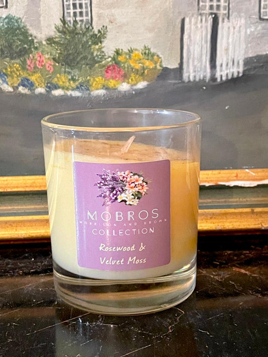 mobros candle, rosewood velvet moss, luxury scented candle, woody floral candle, home fragrance decor, elegant glass candle, cozy home vibes, scented candle pakistan, sunset kitchen finds, gift candles