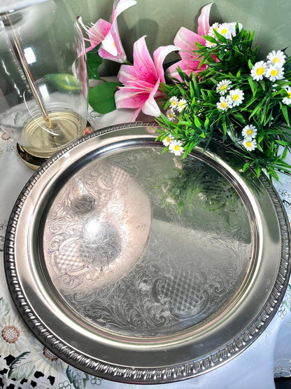 Silver-Tone Engraved Round Serving Tray – 38 cm