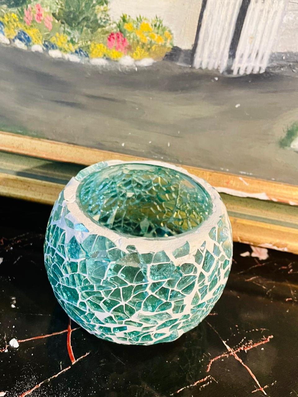 Mosaic Glass Tealight Candle Holder – Cracked Glass Round Bowl Design (Turquoise)
