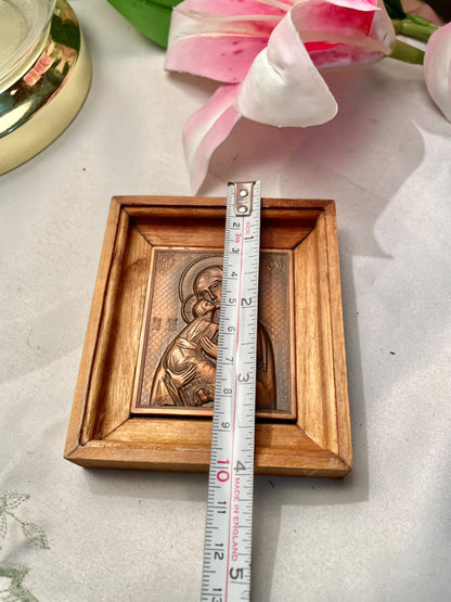 Antique Russian Virgin Mary Icon, Copper Face on Tin, Framed Artwork 4 inches ( Rare Find )