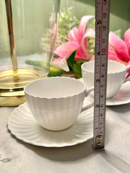White Scalloped Ceramic Tea Cups & Saucers – Set of 4