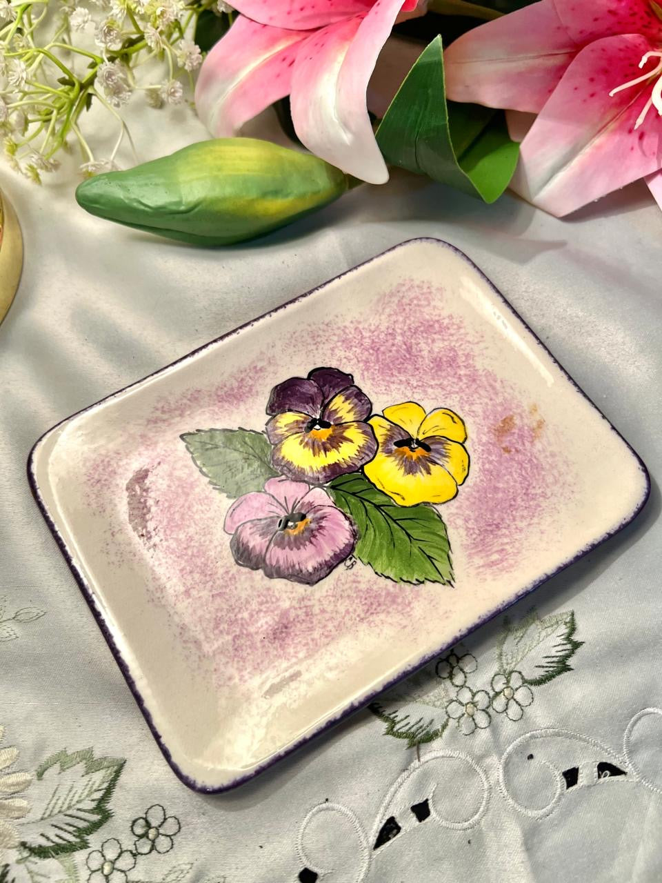 Hand Painted Calico Floral Rectangular Ceramic Tray – 7 Inch