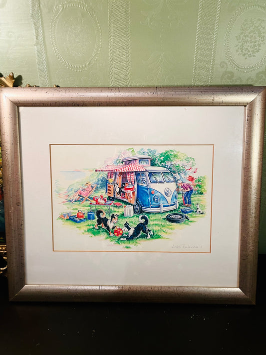 Vintage VW Camper Van Watercolor Painting Framed Wall Art