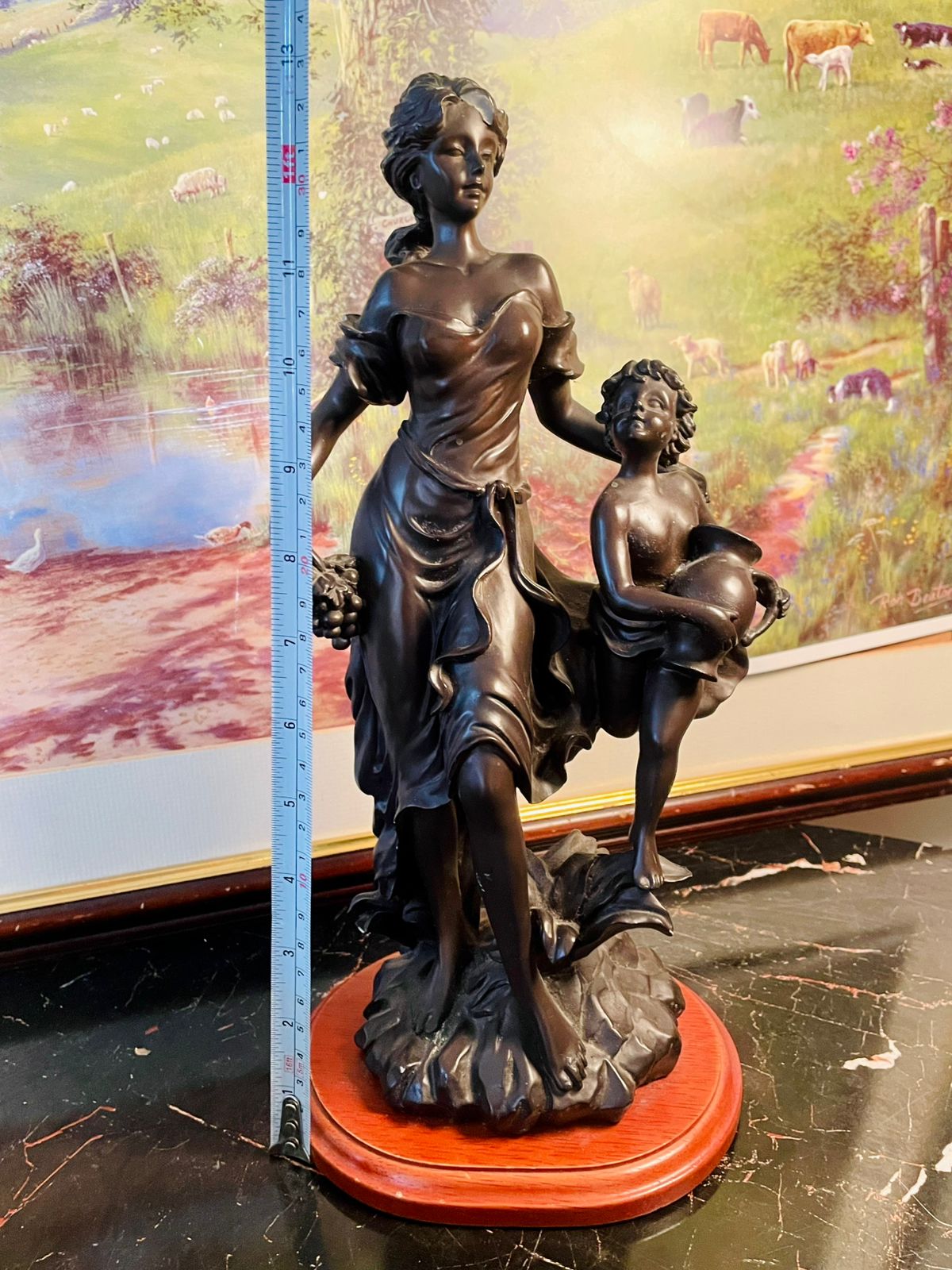 Rare find - Elegant Bronze-Style Woman & Child Figurine on Wooden Base, Stoneware Sculpture, Home Decor