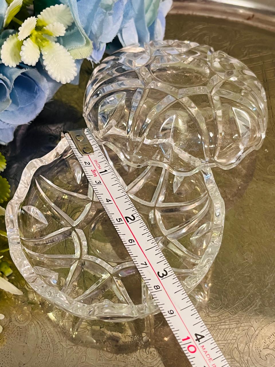 Vintage Pressed Crystal Lidded Bowl 10 cm Geometric Design
