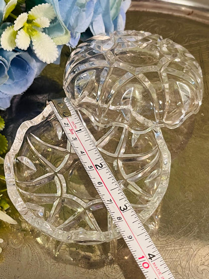 Vintage Pressed Crystal Lidded Bowl 10 cm Geometric Design