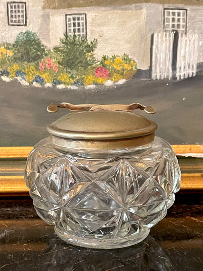 vintage crystal jar, cut glass england, antique vanity jar, brass lid jar, collectible home decor pakistan, crystal storage jar, vintage dressing table decor, english cut glass, sunset kitchen finds, rare vintage collectible