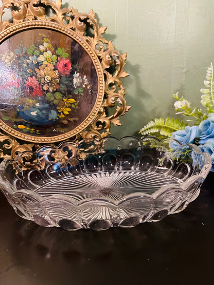Vintage Crystal Glass Oval Serving Bowl 10 Inch Scalloped Dish