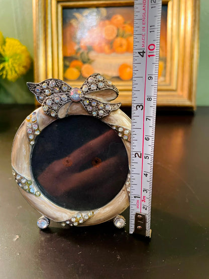 Vintage Jeweled Round Photo Frame 3.5 Inch Rhinestone Bow Picture Frame