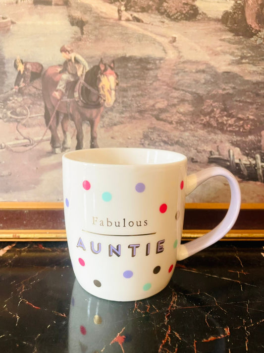 auntie hug mug, fine bone china mug, polka dot mug, multi spot mug, aunt gift mug, auntie gift pakistan, england bone china mug, collectible mugs pakistan, sunset kitchen mugs, sentimental mug gift, pastel spot mug