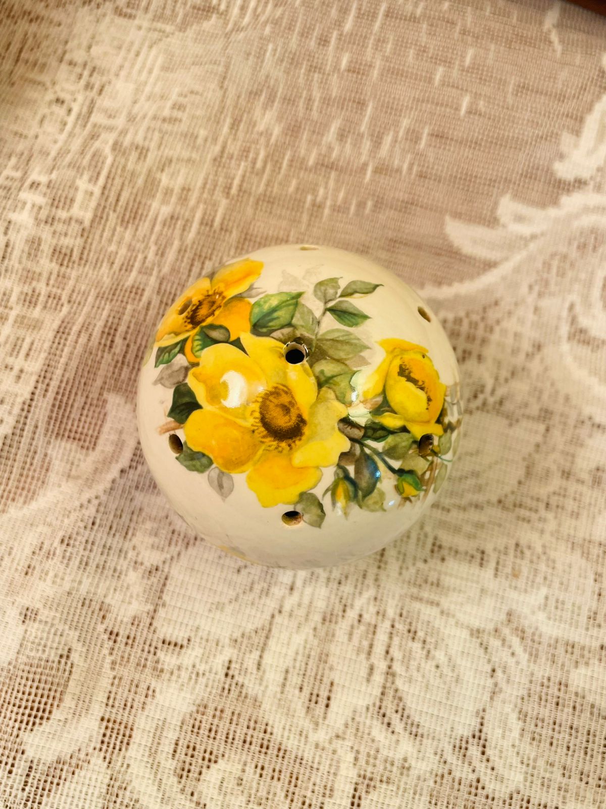 Vintage Yellow Rose Ceramic Pomander Ball Ornament
