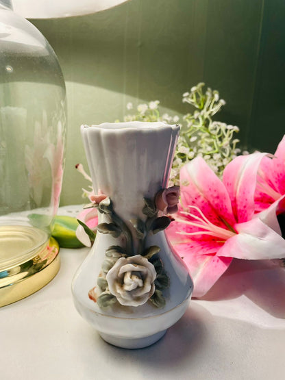 Vintage White Ceramic Floral Vase Raised Roses 15 cm