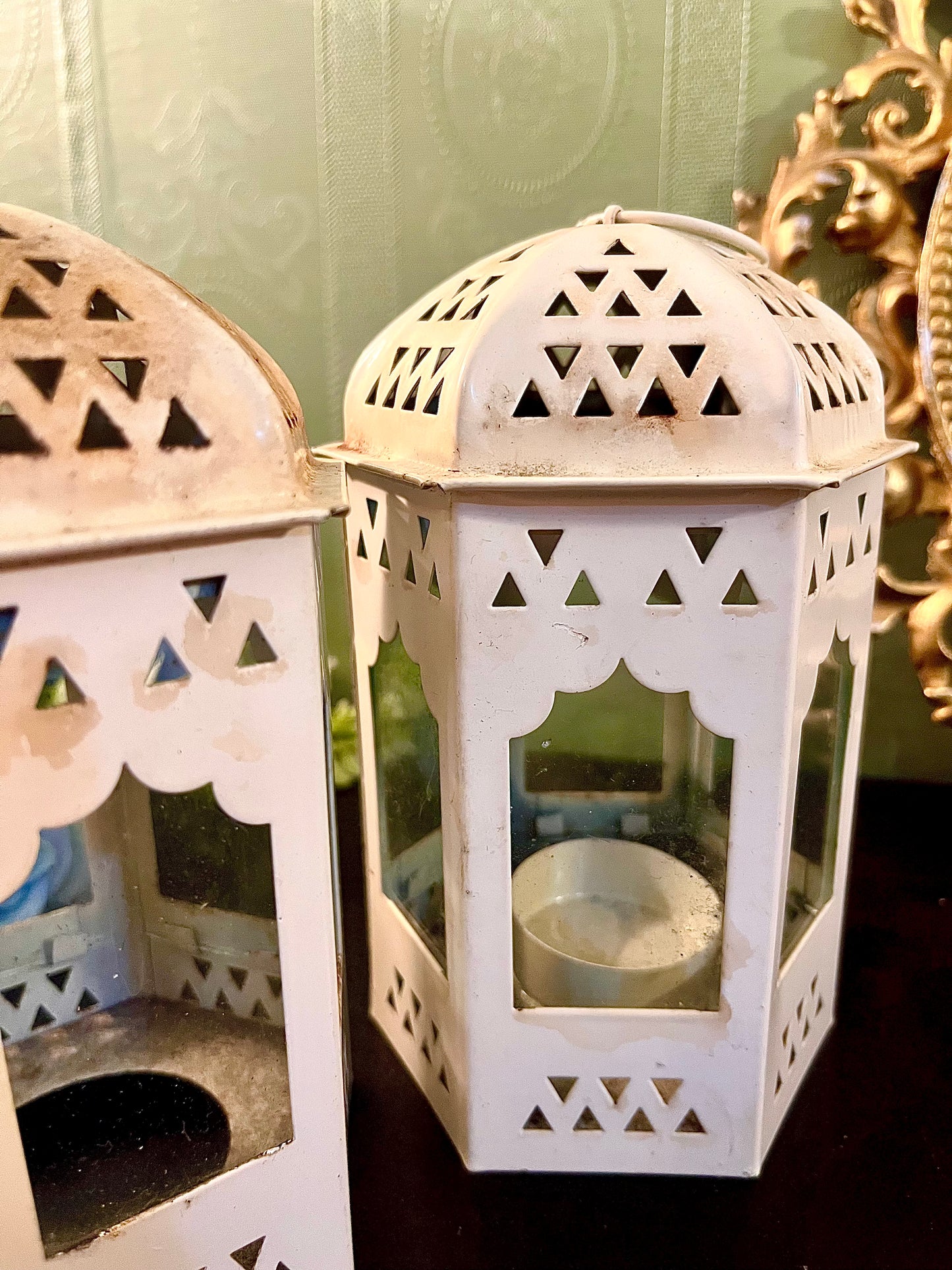 Pair of White Metal Moroccan Lantern Tealight Holders