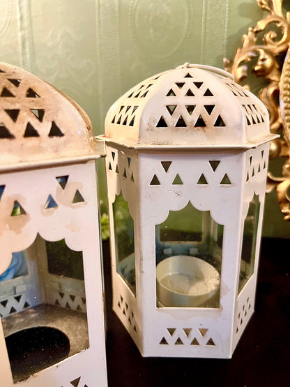 Pair of White Metal Moroccan Lantern Tealight Holders