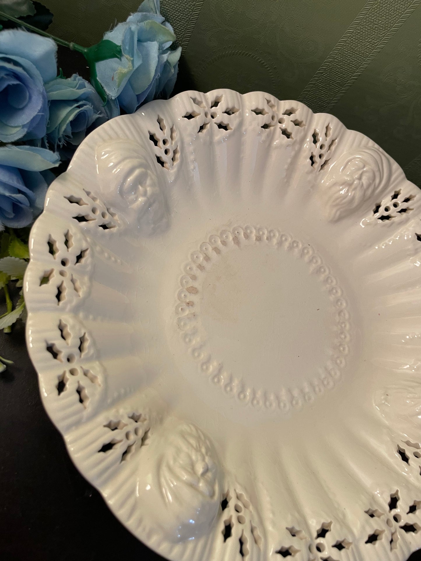 White Ceramic Pierced Oval Serving Bowl