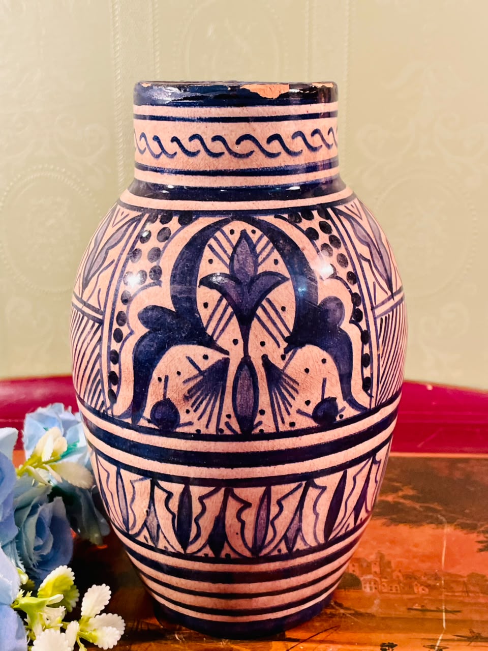Blue Patterned Pottery Vase – 8 Inch