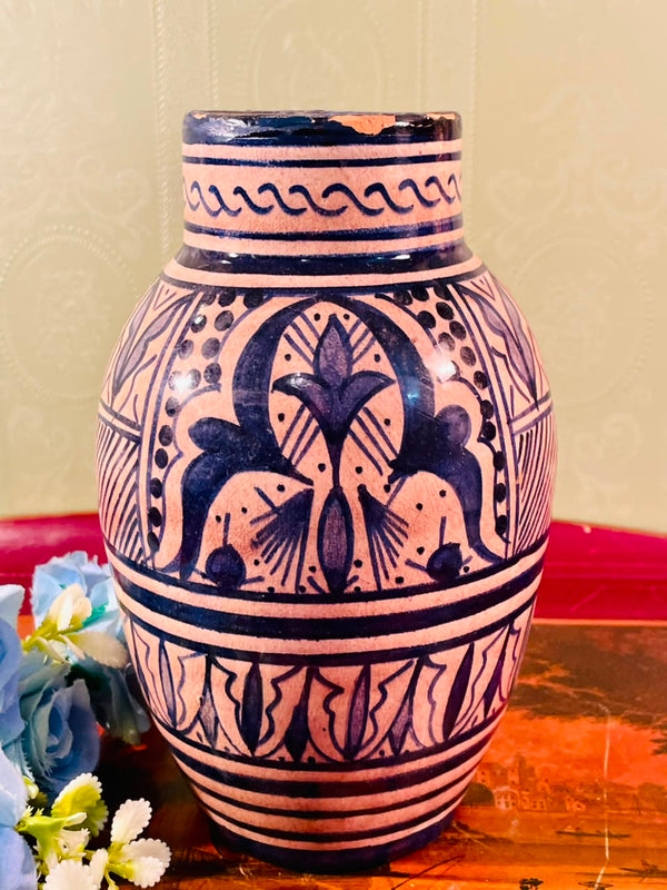Blue Patterned Pottery Vase – 8 Inch