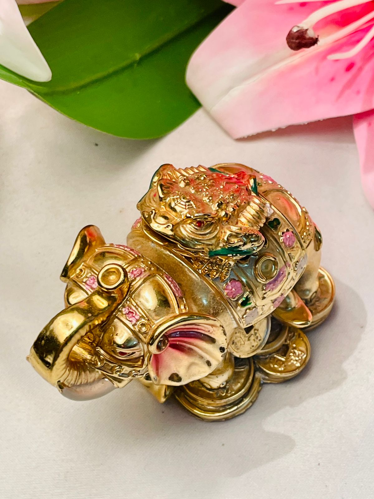 Gold-Tone Elephant & Dragon Feng Shui Figurine Approx. 8 cm Tall