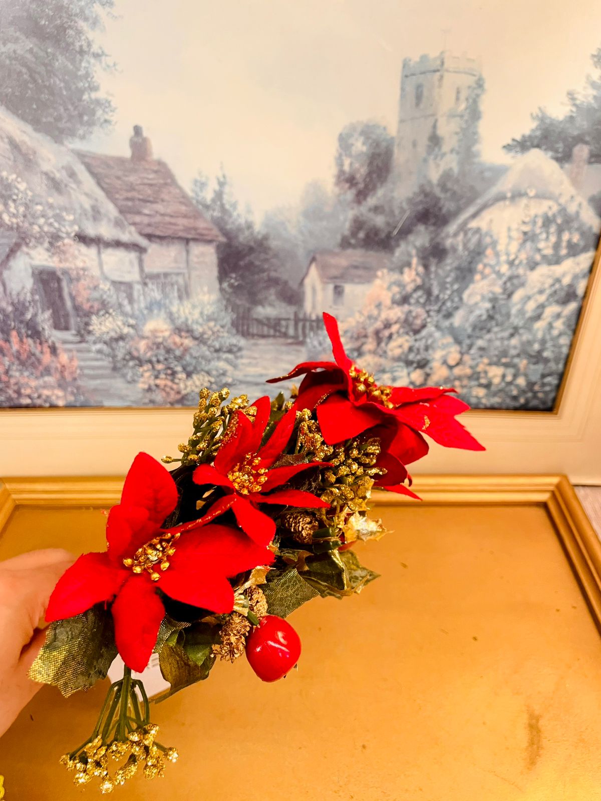 Vintage Red Poinsettia Pine Cone Floral Spray 10.5 inches