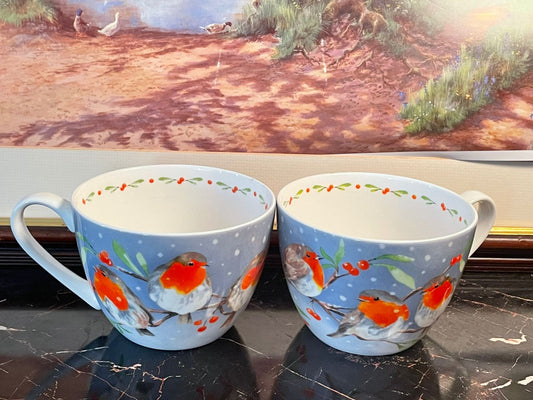 Set of 2 Robin Bird Winter Mugs – Festive Ceramic Cups, Soup Mugs