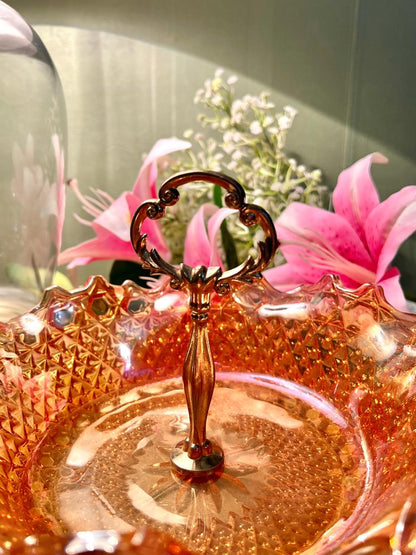 Vintage Amber Pressed Glass Serving Bowl with Metal Handle – Scalloped Rim, Approx. 24 cm
