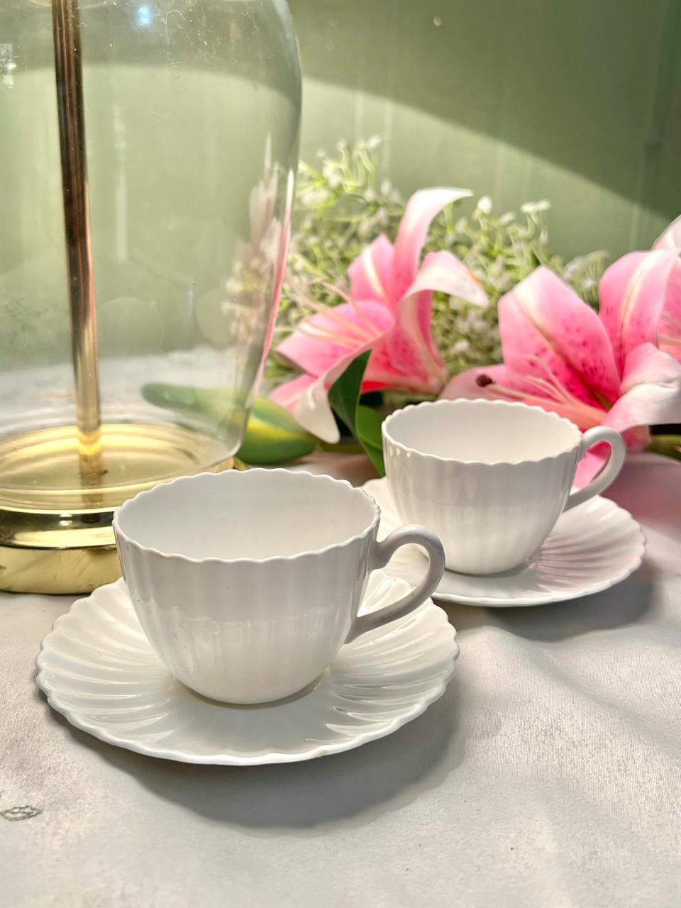 White Scalloped Ceramic Tea Cups & Saucers – Set of 4
