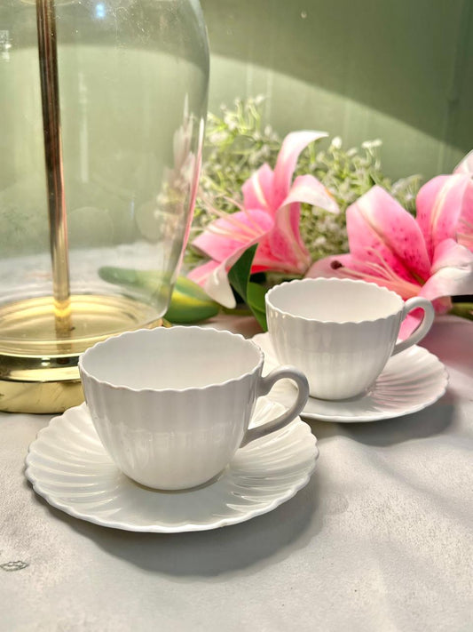 White Scalloped Ceramic Tea Cups & Saucers – Set of 4