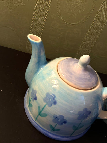 Vintage Blue Floral Teapot Ceramic Cottage Tea Pot